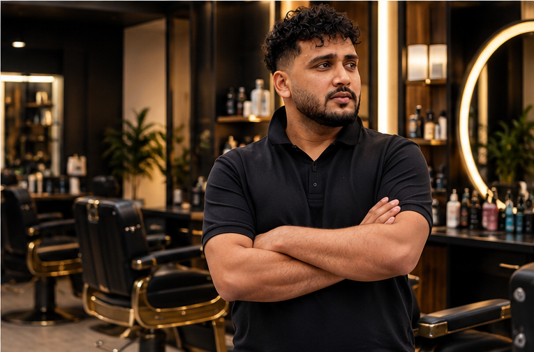 Ashok in the AONE barber studio